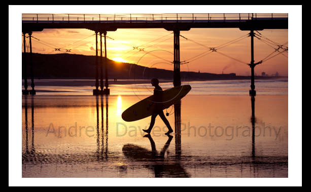 Saltburn Pier Sunset photo print with surfer