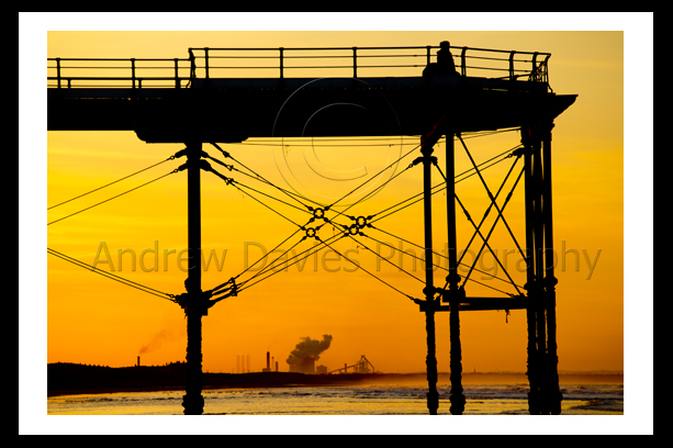 saltburn pier print sunset with steel works in back