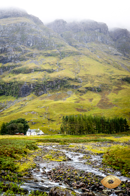 Glencoe Scottish Highlands white house and stream