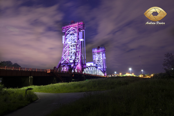 Newport Bridge lit pink purple night time photo print