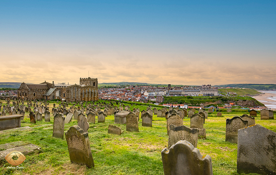 Whitby St Marys Church Bay and Graveyard print - fictional burial site of Bram Stokers Dracula