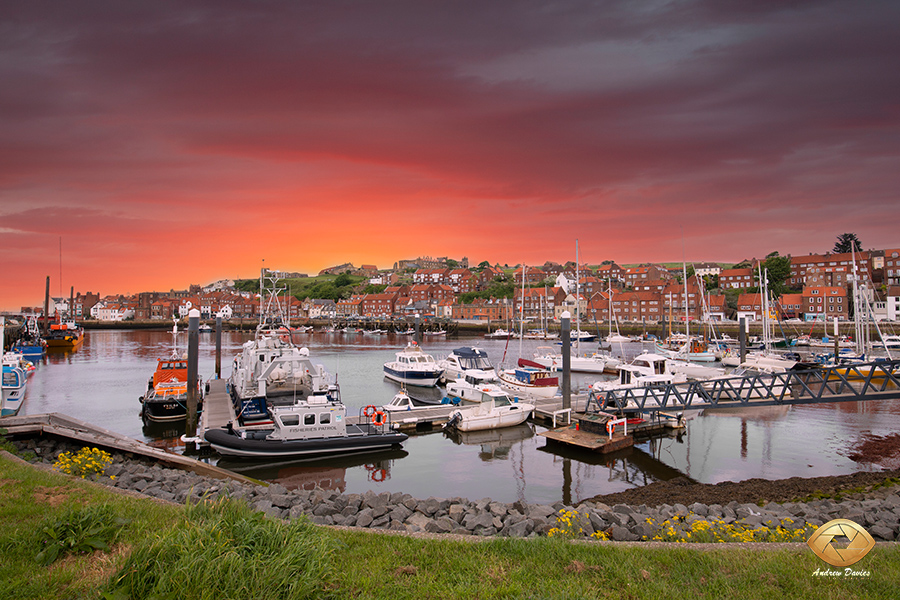Whitby Harbour Bay and Fishing Boats with Abbey in Background print